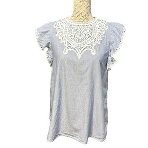 LOFT Applique Blue and White Ruffle Sleeve Blouse Size Small